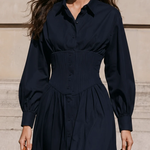 Navy Corset Waist Shirt Midi Dress