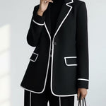 Black Contrast‑Piping Blazer & Wide‑Leg Trouser Two‑Piece Suit Set