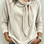 Velvet Draped Collar Tie Bow Loose Long Sleeve Shirt