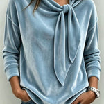 Velvet Draped Collar Tie Bow Loose Long Sleeve Shirt