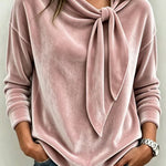 Velvet Draped Collar Tie Bow Loose Long Sleeve Shirt