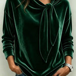 Velvet Draped Collar Tie Bow Loose Long Sleeve Shirt