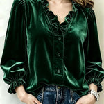 Velvet Ruffled V-neck Puff Sleeve Shirt