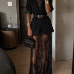 Black Short Sleeve Blazer & Sheer Floral Lace Slip Maxi Dress Two-piece Set(with belt)