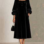 Black Velvet Square Neckline Midi Dress With Floral Buttons And Striking Floral Cuffs