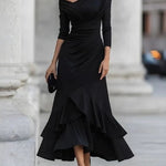 Black Off Shoulder Asymmetrical Draped Midi Dress