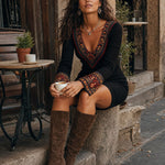 Black Ribbed Retro Ethnic Print Trim Flared Sleeve Mini Dress