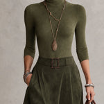 Olive Green Stretch Turtleneck Top And Asymmetrical Faux Suede Skirt Set (with belt)