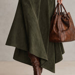 Olive Green Stretch Turtleneck Top And Asymmetrical Faux Suede Skirt Set (with belt)