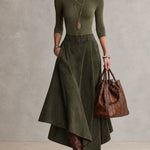 Olive Green Stretch Turtleneck Top And Asymmetrical Faux Suede Skirt Set (with belt)