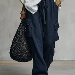 White V-neck Linen Blouse & Navy Wide Leg Pants Two Piece Set