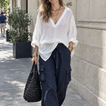 White V-neck Linen Blouse & Navy Wide Leg Pants Two Piece Set