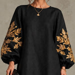 Black Gold Printed Round Neck Lantern Sleeve Loose Midi Dress