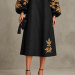 Black Gold Printed Round Neck Lantern Sleeve Loose Midi Dress