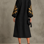 Black Gold Printed Round Neck Lantern Sleeve Loose Midi Dress