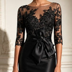 Black Lace Tulle Sleeve Bow Satin Midi Dress