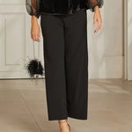 Black Velvet Wrap Ruffled Sheer-sleeved Top And Black Wide-leg Trousers Suit