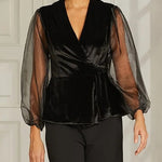 Black Velvet Wrap Ruffled Sheer-sleeved Top And Black Wide-leg Trousers Suit