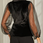 Black Velvet Wrap Ruffled Sheer-sleeved Top And Black Wide-leg Trousers Suit