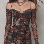 Vintage Floral Print Mesh Off-Shoulder Ruched Mermaid Midi Dress