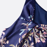 Navy Blue Floral Satin Asymmetrical Collar Sleeveless Midi Dress