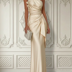 Champagne 3D Floral Ruched Satin One Shoulder Sleeveless Floor-length Gown Maxi Dress