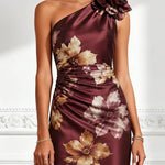 Burgundy Satin One-shoulder Midi dress With Bold Floral Appliqué