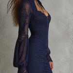 Navy Sheer Lace-panel Sweetheart-neck Mini Dress