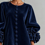Navy Velvet Floral Button-down Mini Dress With Striking Floral Cuffs