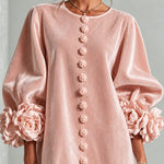 Pink Velvet Floral Button-down Mini Dress With Striking Floral Cuffs