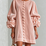 Pink Velvet Floral Button-down Mini Dress With Striking Floral Cuffs