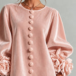 Pink Velvet Floral Button-down Mini Dress With Striking Floral Cuffs