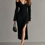 Black Ribbed Off Shoulder Midi Dress With Lace Trim
