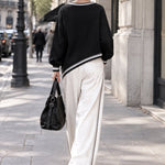 Black Asymmetric Contrast Trim Top & White Wide-Leg Pants Set