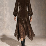 Brown Velvet Cowl Neck Asymmetrical Lace Hem Midi Dress