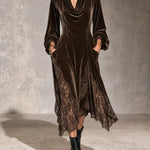 Brown Velvet Cowl Neck Asymmetrical Lace Hem Midi Dress