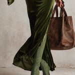 Olive Green Velvet Asymmetrical Off-Shoulder Turtleneck Ruched Maxi Dress