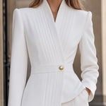 White Pleated Lapel Single-Button Peplum Blazer & Wide-Leg Pants Set