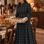 Green Tartan Plaid Stand Collar Double Breasted Midi Coat Dress