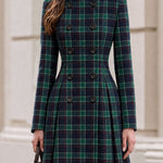 Green Tartan Plaid Stand Collar Double Breasted Midi Coat Dress