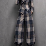 Navy Plaid Blazer And Lantern Pants Two-piece Set