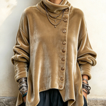 Velvet Asymmetric Button Turtleneck Top