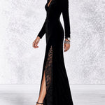 Black Velvet V-neck Maxi Dress With Sheer Floral Lace Panels