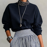 Navy Oversized Sweatshirt And Blue White Striped A-line Skirt Set