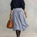 Navy Oversized Sweatshirt And Blue White Striped A-line Skirt Set