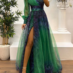 One Shoulder Mesh Abstract Gradient Print Maxi Dress