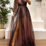 One Shoulder Mesh Abstract Gradient Print Maxi Dress