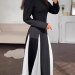 Elegant Black and White Colorblock Round Neck Waist Long Sleeve Dress