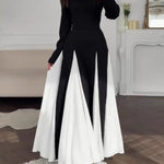 Elegant Black and White Colorblock Round Neck Waist Long Sleeve Dress