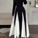 Elegant Black and White Colorblock Round Neck Waist Long Sleeve Dress